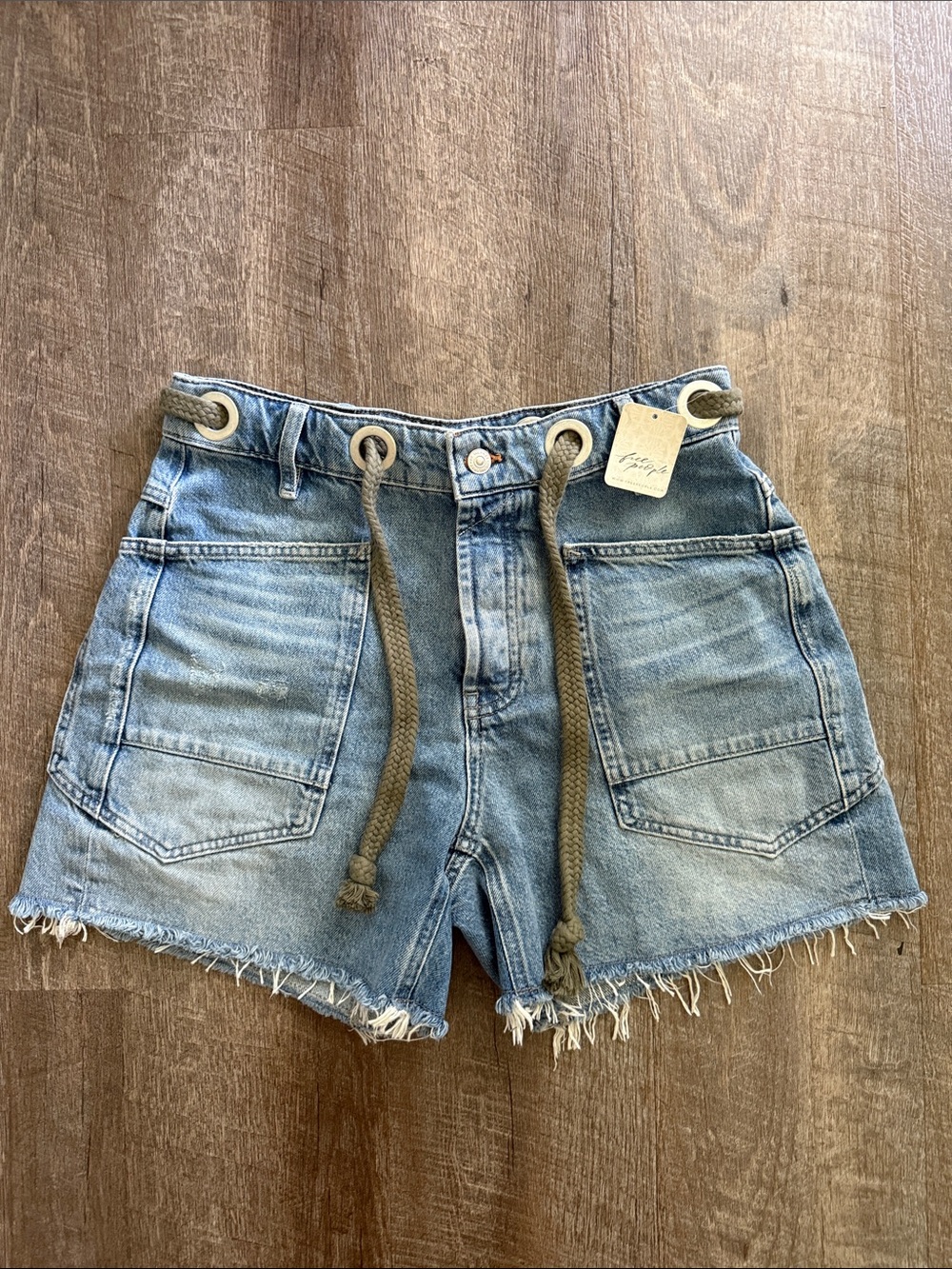 Free People Denim Frayed Hem High-Waist Shorts with Rope Tie - Light Blue